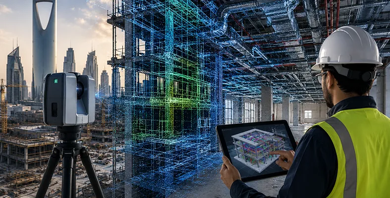 3D laser scanner capturing a construction site in Riyadh with a detailed point cloud overlay and BIM model visualization for accurate as-built surveying and building documentation.
