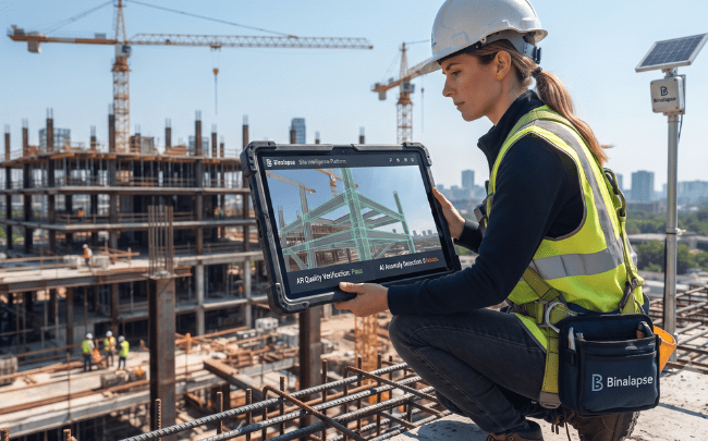 Female engineer holding an AR tablet on a skyscraper project monitored by a CCTV construction site security camera.