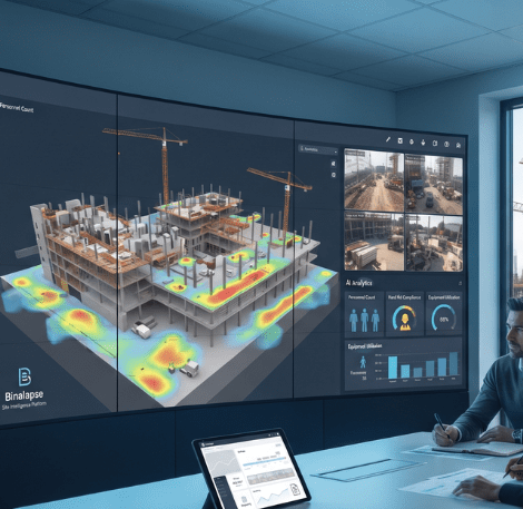 Professionals analyzing multi-camera video feeds and data analytics from a CCTV construction site on a massive curved display wall.