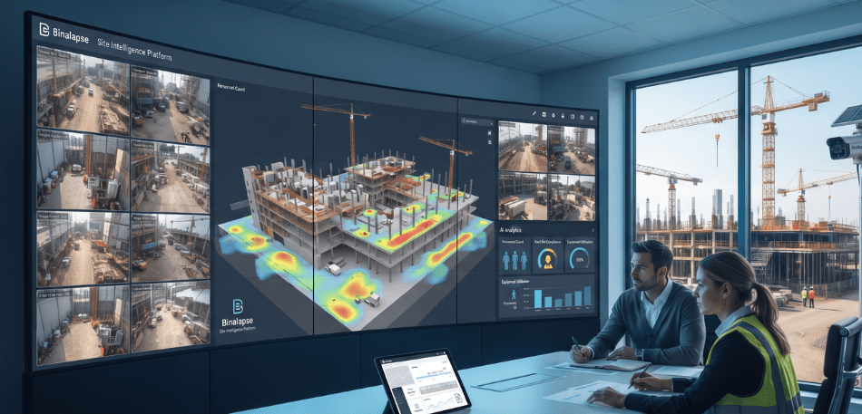 Professionals analyzing multi-camera video feeds and data analytics from a CCTV construction site on a massive curved display wall.