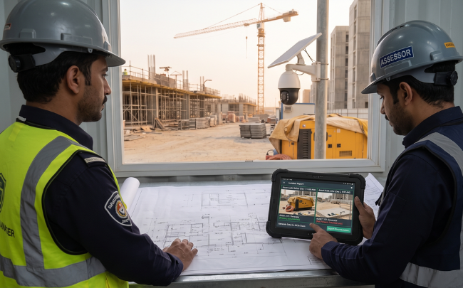 Project manager and assessor reviewing asset audit footage on a tablet with a solar construction security camera visible outside the window.