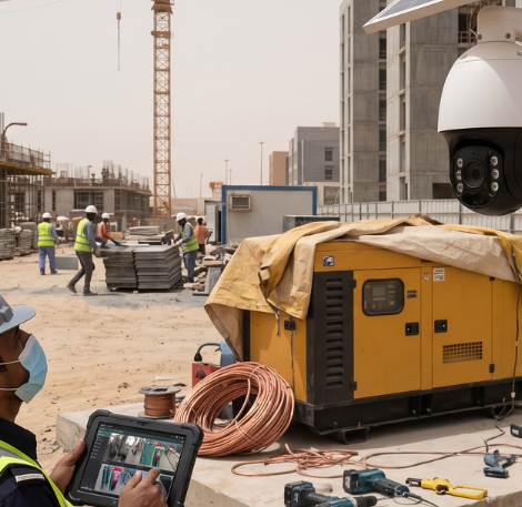Site inspector monitoring live video feeds on a tablet beside a solar-powered construction security camera and power generator.