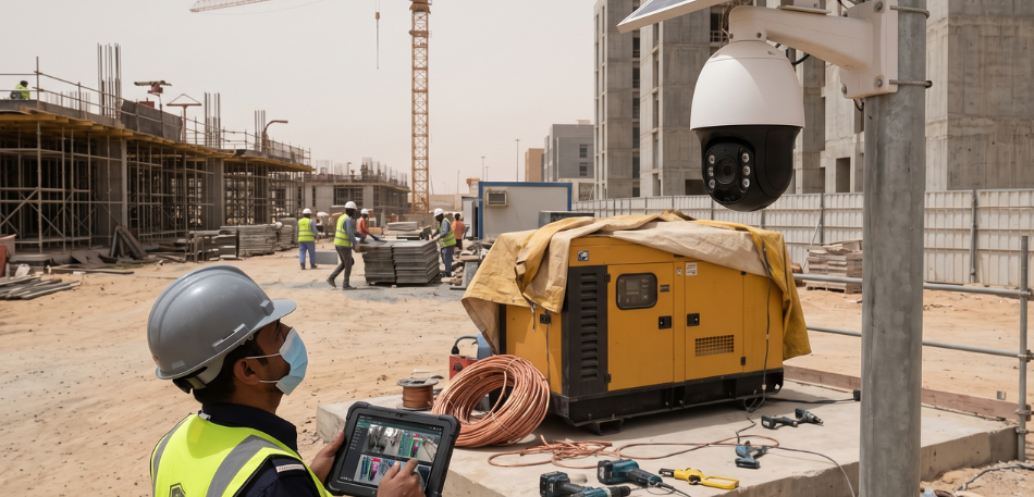 Site inspector monitoring live video feeds on a tablet beside a solar-powered construction security camera and power generator.