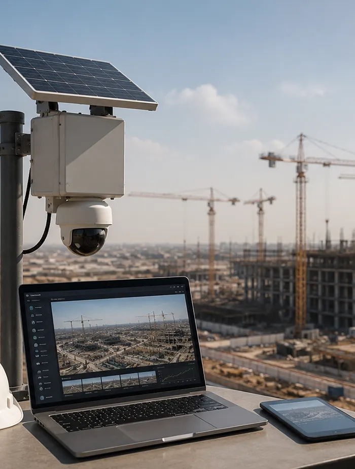 Construction site monitoring dashboard with solar time-lapse camera in Saudi Arabia