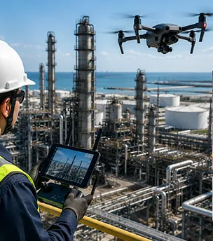 Drone surveying an industrial facility for aerial inspection and construction monitoring