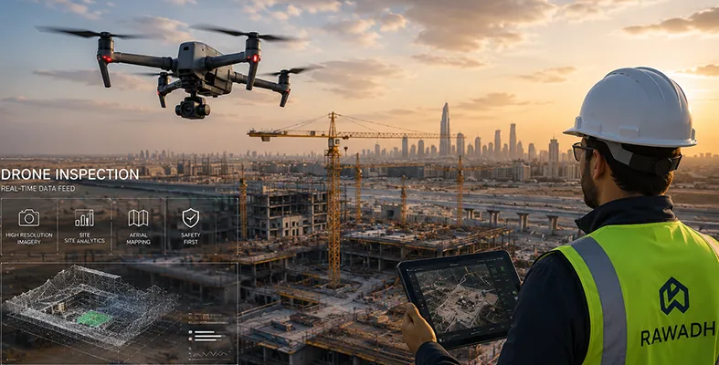 Drone conducting aerial inspection over a large construction site in Saudi Arabia while an engineer monitors real-time industrial drone inspection data using a tablet.
