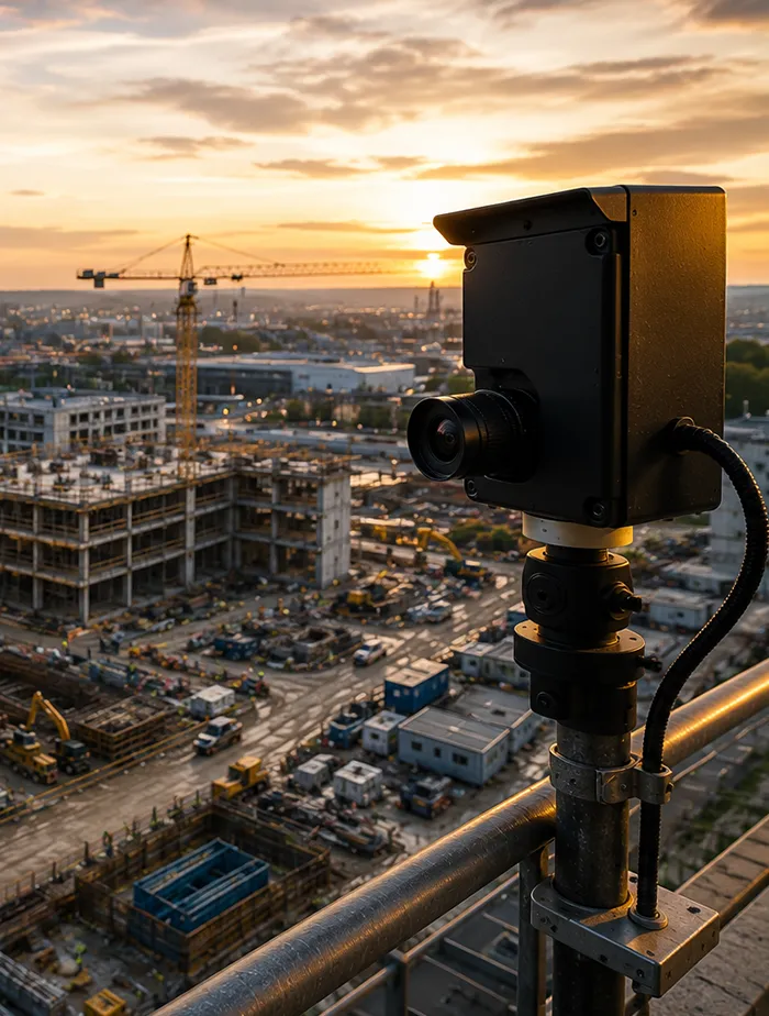 Construction monitoring camera overlooking a large industrial facility build in Germany
