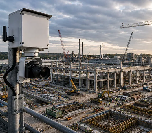Mains-powered timelapse camera monitoring an industrial construction site in Germany
