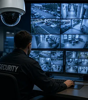 Security surveillance control room with a security professional monitoring multiple CCTV camera feeds, including indoor and outdoor areas, parking lots, offices, and commercial facilities