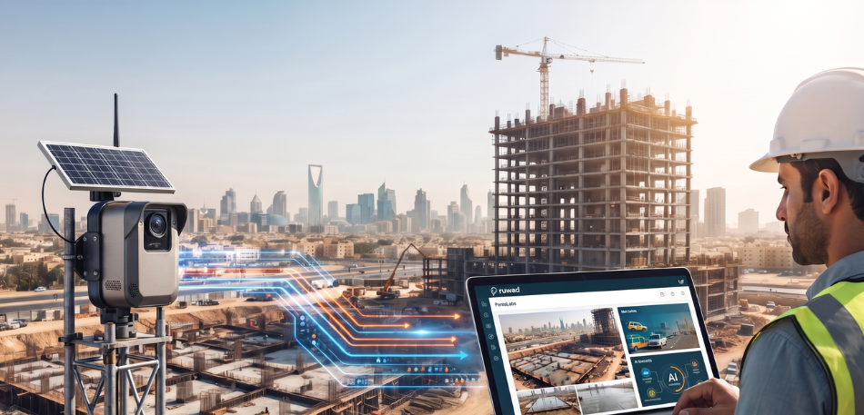 مهندس مع سترة صفراء وخوذة يراقب موقع البناء عبر لابتوب، بينما ترتبط كاميرا تايم لابس مزودة بلوحة طاقة شمسية بنقل بيانات المشروع الحية.
