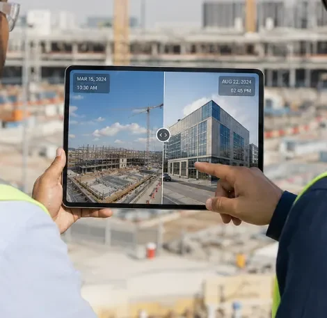 Project manager and contractor reviewing construction progress on a tablet using a building site surveillance camera system at an active construction site.