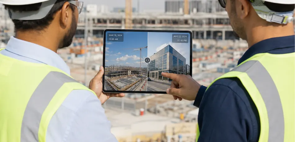 Project manager and contractor reviewing construction progress on a tablet using a building site surveillance camera system at an active construction site.
