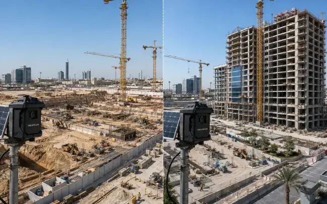 Construction site security camera capturing excavation and building progress over time in a split-screen timelapse comparison.