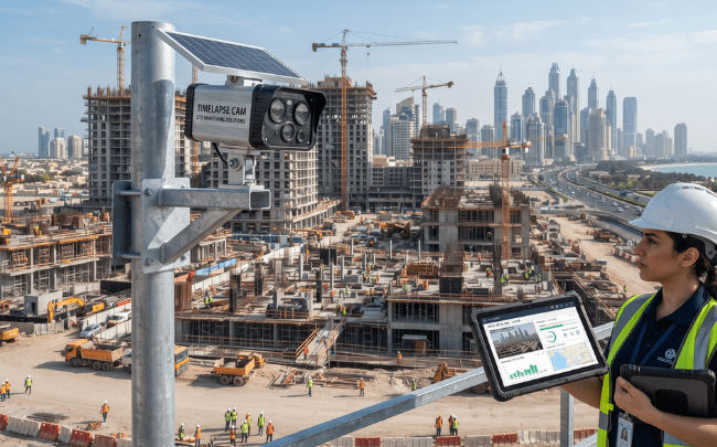 Construction engineer holding a tablet with a project management tracking dashboard next to a solar-powered timelapse camera overlooking a city skyline.