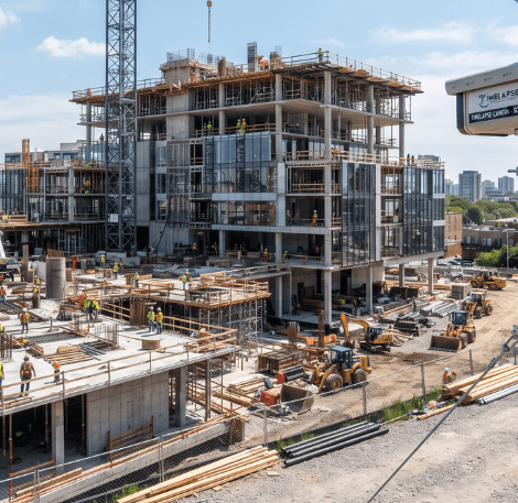 Solar-powered timelapse camera mounted on a pole overlooking a large urban construction site with cranes and workers for project management tracking.