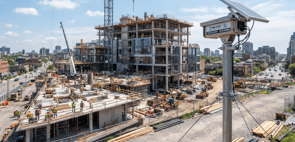 Solar-powered timelapse camera mounted on a pole overlooking a large urban construction site with cranes and workers for project management tracking.