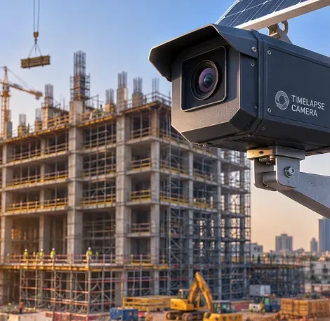 Solar-powered construction site security camera mounted on a metal pole overlooking a large-scale Saudi Arabia construction project with cranes and a partially completed high-rise building.
