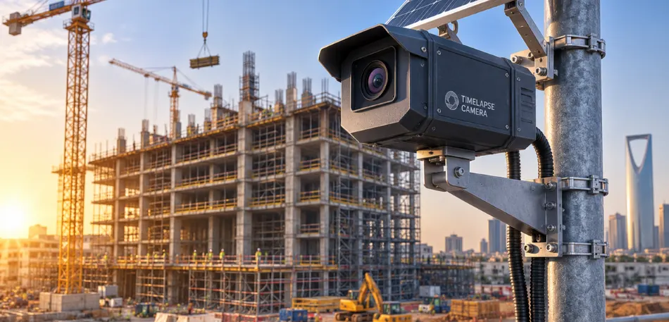Solar-powered construction site security camera mounted on a metal pole overlooking a large-scale Saudi Arabia construction project with cranes and a partially completed high-rise building.