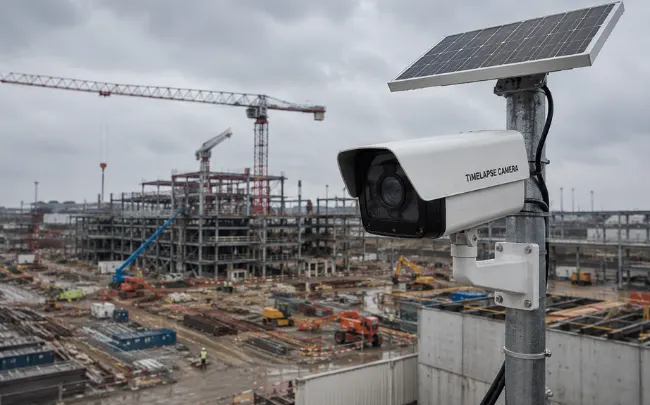 Weatherproof building site surveillance camera mounted on a pole with a solar panel overlooking cranes, steel structures, workers, and equipment.