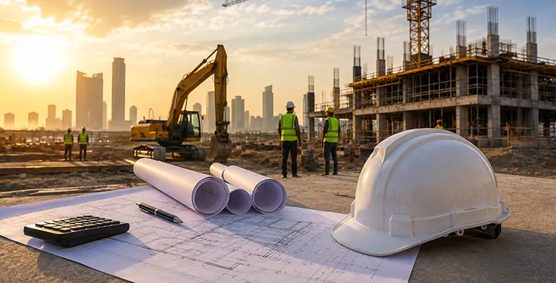Construction contractors in Riyadh working on a large building project with cranes, heavy equipment, architectural plans, and a modern city skyline in the background.
