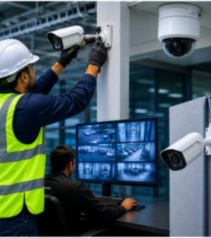 Professional CCTV security surveillance installation showing a technician mounting security cameras while an operator monitors multiple camera feeds in a control room
