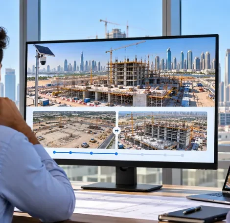 Remote project manager reviewing a construction site monitoring dashboard with live camera feed