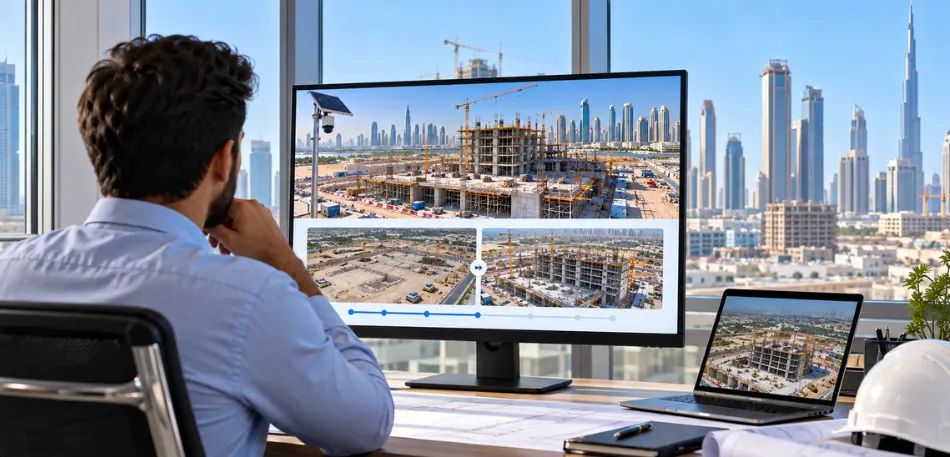 Remote project manager reviewing a construction site monitoring dashboard with live camera feed
