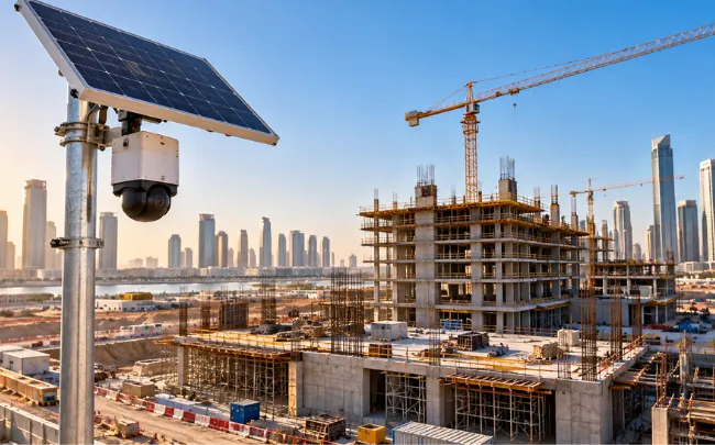 Solar timelapse camera used for construction site monitoring on a large building site