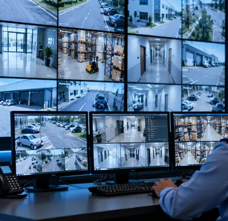 Security Camera System for Business with CCTV monitoring screens in a commercial security control room