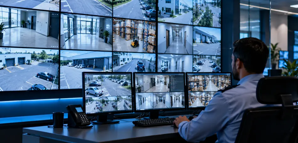 Security Camera System for Business with CCTV monitoring screens in a commercial security control room