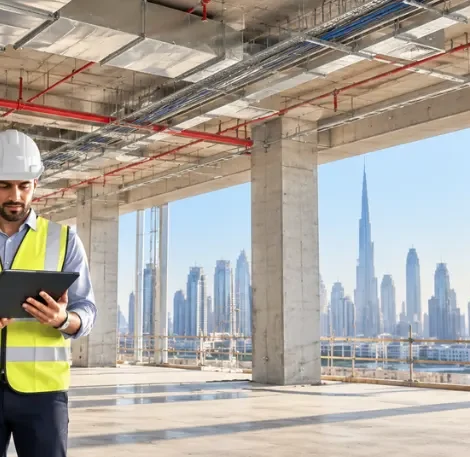 MEP engineers reviewing drawings on site, a key check when comparing top MEP companies in UAE