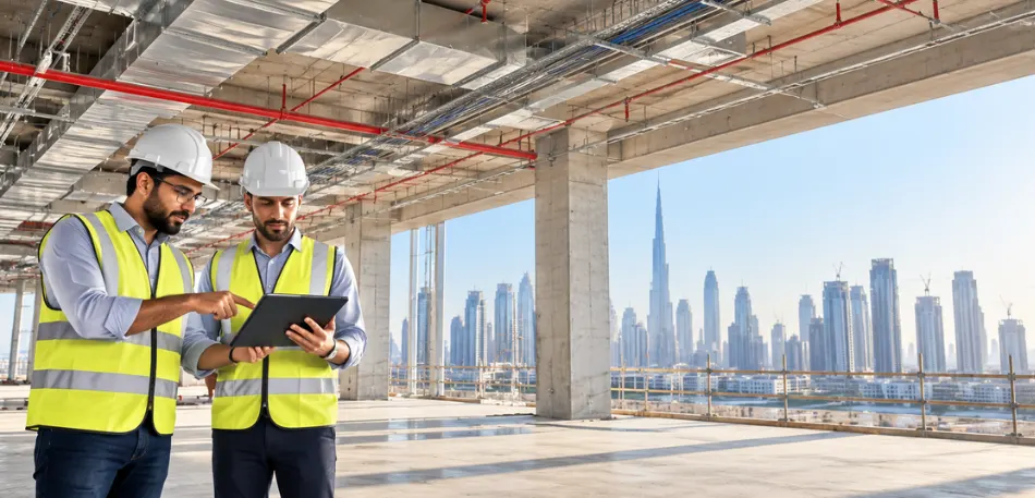 MEP engineers reviewing drawings on site, a key check when comparing top MEP companies in UAE